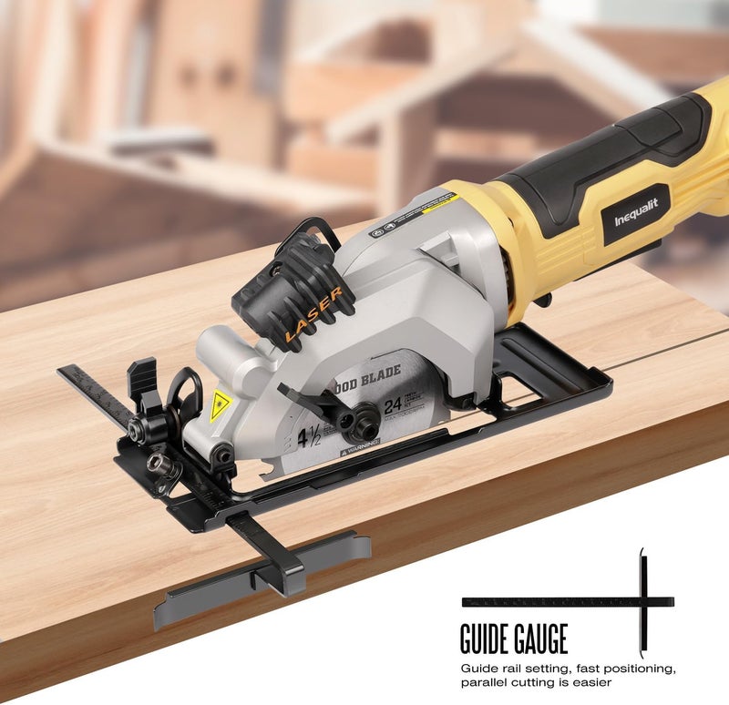 Inequalit 4Amp Mini Circular Saw, 3500RPM Corded Compact Saw with 4-1/2" 24T TCT Blades, Laser Guide, Rip Guide, Vacuum Adapter and Blade Wrench, Max Cutting Depth 1-11/16"(90°), 1-1/8"(45°） - Image 4